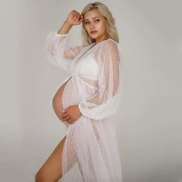 Polka Tulle Maternity Pography Props Long Dress See Through Lantern Sleeve Pregnant Woman Po Shoot Dresses Cardigan 240305