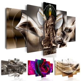 5PCS Set Fashion Wall Art Canvas Painting Abstract Metal Architecture Night Scene Colorful Rose Flowers the Buddha with Wings Mo281N