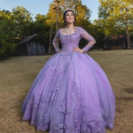 Księżniczka Quinceanera sukienki liliowe długie rękawy Tiul Słodka 16 sukienki koronkowe aplikacje z koralikami suknia urodzinowa dla dziewcząt