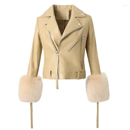 Women's Leather 2024 Real Sheepskin Bomber Jacket Fur Cuff Luxury Lady Moto Jackets Motorcycle Genuine Coats ZM4121