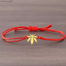 Bangle Stainless Steel Bracelets Maple Leaf Amulet Hand Braided Lucky Black Red Rope Fashion Charm Bracelet For Women Jewelry GiftsL2403