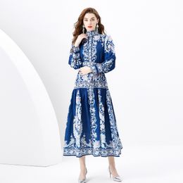 Long Blue Vintage Floral Dress Stand Collar Womens Buttons Cardigan Swing Dresses Full Sleeve Elegant Printed Vacation Casual Party Robes Clothes Spring And Summer