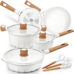 Cookware Sets Set Non Toxic PFOA Free Induction Pots And Pans With Glass Lid 13 Piece (White)