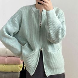 Double Zipper Solid Colour Design Women, 2023 Autumn And Winter New Korean Loose Casual Knit Sweater For Women Style Style