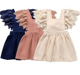 Baby Girls Dresses Kids Lace Sleeve Solid Soft Cotton Linen Back Bowknot Dress 2019 New Summer Fashion Children Lace Dress Clothin8005171