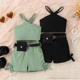 Clothing Sets 0-5Y Kids Girls Summer Shorts Set With Belt Waist Bag Children Sleeveless Halter Vest Tops Bow Short Pants 3Pcs Baby