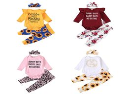 Infant Baby Cartoon Outfits No Dating Letter Tops Toddler Baby Clothes Sets Sunflower Leopard Kids Girls Clothing Suit With Hairba3060873