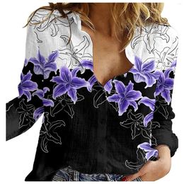Women's Blouses Lapel Neck Long Sleeve Loose Small Daisy Print Shirts Button Tops Casual V Ladies Fashion Elegant T