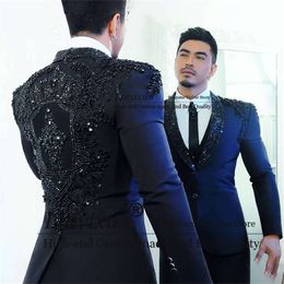 Shiny Beaded Embroidery Wedding Suits for Men 3 Pieces Sets Groom Tuxedos Shawl Lapel Male Prom Blazer Terno Masculino Completo