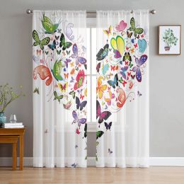Curtains Colourful Butterfly HeartShaped Chiffon Sheer Curtains for Living Room Bedroom Home Decoration Window Voiles Tulle Curtain