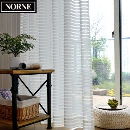 Curtains NORNE Semi White Jacquard Striped Lace Sheer Curtain Voile Panels Tulle for Windows Living Room Kitchen Bedroom Curtains Drape