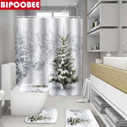 Curtains Christmas Shower Curtain Winter Forest Snowfall Funny Bathroom Curtains Natural Xmas Pine Tree Scene Toilet Lid Cover Bath Mats