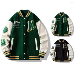 Men's Jackets Men Jacket Striped Letter Pattern Stand Collar Baseball Coat With Pockets Loose Long Sleeve Thick Single-breasted For Mid