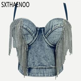 Women's Tanks SXTHAENOO Women Comfort Denim Camisole Corset Top Build In Bra Crystal Diamonds Tassels Luxury High Street Club Party Clothing