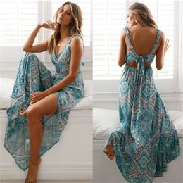 Women Sexy Backless Dress Summer Bohemian Floral Print Long Dresses Femal V Neck Vestidos Plus Size Lady Casual Clothes 240308