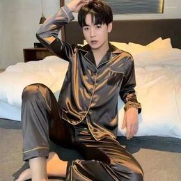 Men's Sleepwear 2024 Spring Autumn Loungewear Suit Men Ice Silk Pajamas Set Leisure Long Sleeve Pants Loose Teenager Large Size Home Clothes