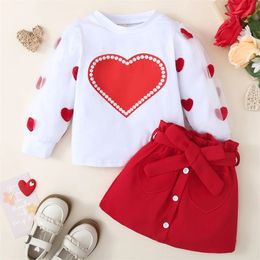 Citgeett Spring Valentines Day Kids Toddler Girls Outfits Mesh Long Sleeve Tops Belted Skirt Set Clothes 240226