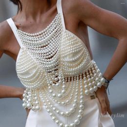 Women's Tanks European And American Pearls Body Chains Camisole Woman Pearl Vest Bridal Dress Ins Blogger Wear Accessory Y2K Top 2024