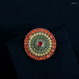 Brooches Fancy Luxury Helios Solar Disk Copper Colorful Full Zircon Paved Round Brass For Coat Dress Sweater Jewelry