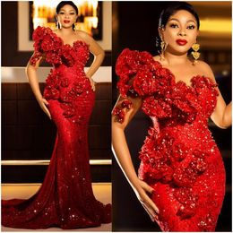 2024 African Plus Size Aso Ebi Prom Dresses for Special Occasions Red Evening Dresses Mermaid Long Sleeves Lace Illusion Engagement Gowns for Black Women Girls AM509