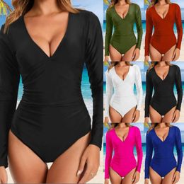 Women's Swimwear Long Sleeve One Piece Swimsuit Women Sexy V Neck Tummy Control Swimsuits Solid Color Modest Swimming Bathing Suit Beach