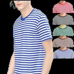 Sailors striped short sleeve Tshirt loose round collar red stripe black stripe green stripe navy shirt class clothing wholesale 240301