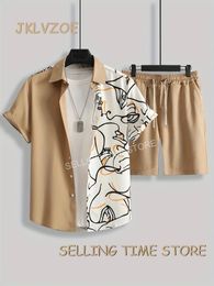 Summer Abstract Printing Beach Men 2 Piece Sets Quick Dry Hawaiian Shirt Shorts Suit Men's Solid color Vacation Clothing Outfits240313