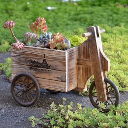 Planters Vintage Small Handcart Natural Wooden Flower Tub European Home Garden Decor Wheel Trolley Wood Flower Plant Pot