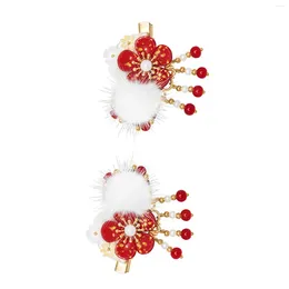 Hair Accessories Red Flower Clips For Girls Handmade Decorative Barrettes Kids Accessory Chinese Hanfu Cosplay Costume