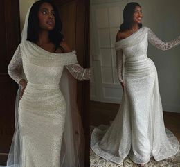 Bling Mermaid Wedding Dress 2024 With Train Long Sleeve Glitter Sequines Bridal Formal Gowns Sweep Train Vestidos De Novias Custom Size