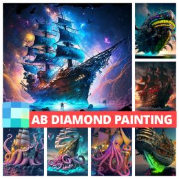 Stitch AB Northern Lights Pirate Ghost Ship 5D Diamond Painting Cross Stitch Full Square Round Embroidery Mosaic Home Decor Kids Gift