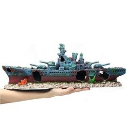 47x9 5x12cm Navy Warship Batttle Ship Resin Boat Aqaurium Tank Fish Decoration Ornament Underwater Ruin Wreck Landscape A9154 Y2002676