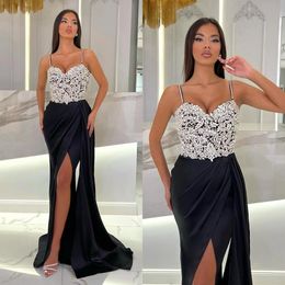 Sexy Black Mermaid Prom Dress Beads Top Straps Formal Evening Elegant Dresses For Special Ocns Pleats Robe De Soiree