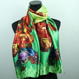 1pcs Red Purple Rose Rose Green Scarves Women's Fashion Satin Oil Painting Long Wrap Shawl Beach Silk Scarf 160X50cm3236