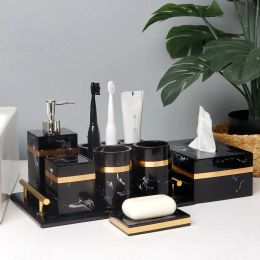 Holders Creativity Marble Texture Shower Accessories European Modern Home Restroom Golden Stroke Black Toothbrush Holder Shampoo Bottle