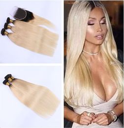 Peruvian Indian Malaysian Brazilian Virgin Straight Hair With Closure Ombre Hair Bundles With Closure 1B Blonde Human Hair8002340