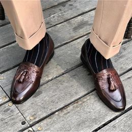 Dress Shoes Phenkang Men Summer Genuine Leather Hair Stylist Italian Tassel Open Edge Slip On British Carved Business Casual Loafers