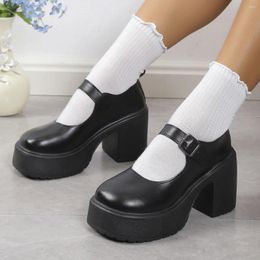 Dress Shoes Women's Buckle Strap Platform Pumps Round Toe High Heels Mary Jane For Women 2024 Elegant Black PU Leather
