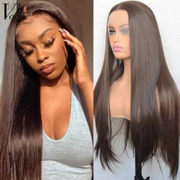 Synthetic Wigs Chignons Dark Brown Synthetic Lace Front Wig Silky Straight Heat Fiber Natural Hairline Cosplay For Women ldd240313