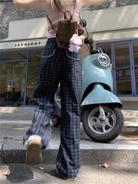 Women's Pants QWEEK Korean Fashion Checked Women 90s Vintage Y2K Plaid Trousers Oversized Button Harajuku Retro Basic Pantalones