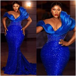 2024 African Plus Size Aso Ebi Prom Royal Blue Mermaid Evening Dresses Sheer Neck Sequined Lace Beaded Formal Dress For Black Women Birthday Party Am508 407