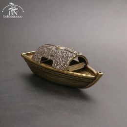 Burners Antique Copper Fishing Boat Sculpture Tabletop Ornament Tea Table Decoration Accessories Incense Holder Home Decor Crafts Brass