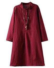 Minibee Women039s Linen Retro Frog Button Blouse Loose Tunic Dress with Pockets7415686