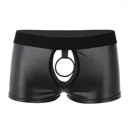 Unterhosen Schwarz Herren Dessous Weiches Kunstleder Ausschnitt Low Rise Boxer Briefs Unterwäsche mit Ball Lifter Metall O-Ring