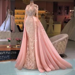 Fabulous Mermaid Prom Dresses Long Sleeves High Neckline Evening Gowns With Detachable Train Beaded Appliqued Special Ocn Formal Wear