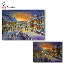 Led canvas art print Christmas city night in winter wall picture Illuminate canvas Painting light up posters print holiday gift T2262m