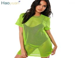 Casual Dresses HAOYUAN Fishnet Mesh Sheer T Shirt Dress Neon Green Pink Orange Beach Cover Up Summer Clothes For Women Mini Dresse2103110