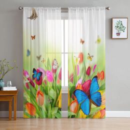 Curtains Spring Butterfly Green Leaves Flower Tulle Curtains for Living Room Bedroom Decor Transparent Chiffon Sheer Voile Window Curtain