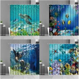 Curtains Ocean Underwater World Shower Curtain Fish Sea Turtle Shark Bath Curtains Bathroom Decor Screen Waterproof Polyester With Hooks