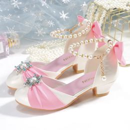 Kids Leather Shoes for Girls Knot Banquet Party Children High Heel Shoe for Kids Girls Sandals Student Crystal Princess Shoes 240311